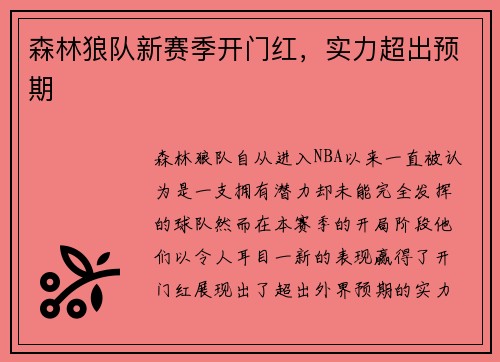 森林狼队新赛季开门红，实力超出预期