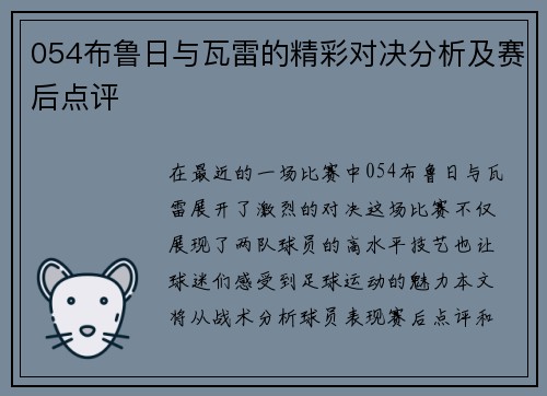 054布鲁日与瓦雷的精彩对决分析及赛后点评