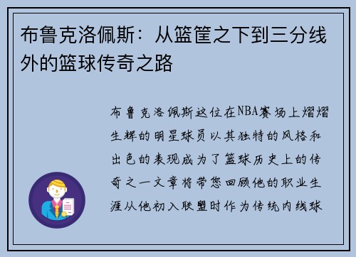 布鲁克洛佩斯：从篮筐之下到三分线外的篮球传奇之路