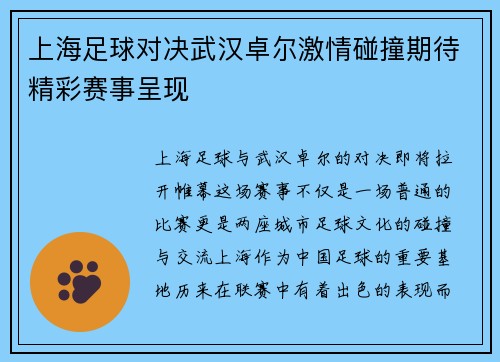 上海足球对决武汉卓尔激情碰撞期待精彩赛事呈现