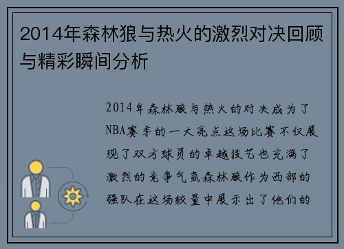 2014年森林狼与热火的激烈对决回顾与精彩瞬间分析