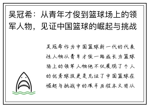 吴冠希：从青年才俊到篮球场上的领军人物，见证中国篮球的崛起与挑战