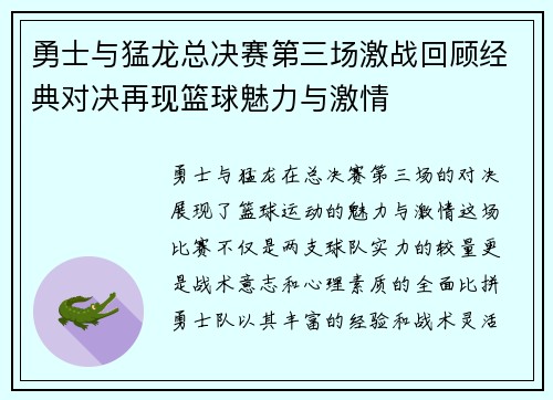 勇士与猛龙总决赛第三场激战回顾经典对决再现篮球魅力与激情