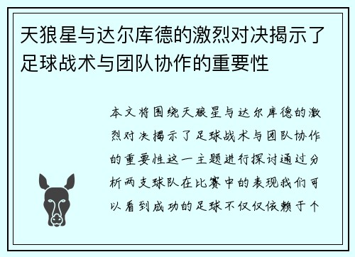 天狼星与达尔库德的激烈对决揭示了足球战术与团队协作的重要性