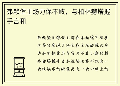 弗赖堡主场力保不败，与柏林赫塔握手言和
