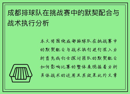 成都排球队在挑战赛中的默契配合与战术执行分析