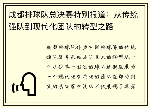 成都排球队总决赛特别报道：从传统强队到现代化团队的转型之路