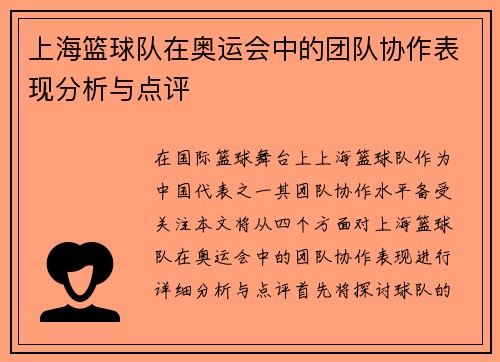上海篮球队在奥运会中的团队协作表现分析与点评