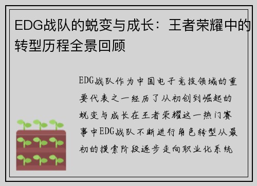 EDG战队的蜕变与成长：王者荣耀中的转型历程全景回顾