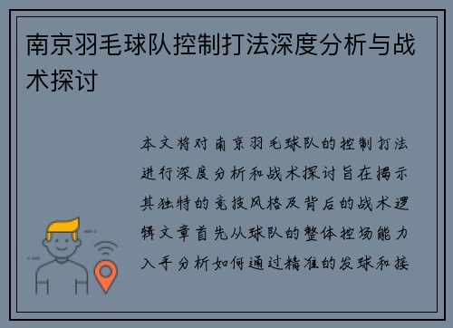 南京羽毛球队控制打法深度分析与战术探讨