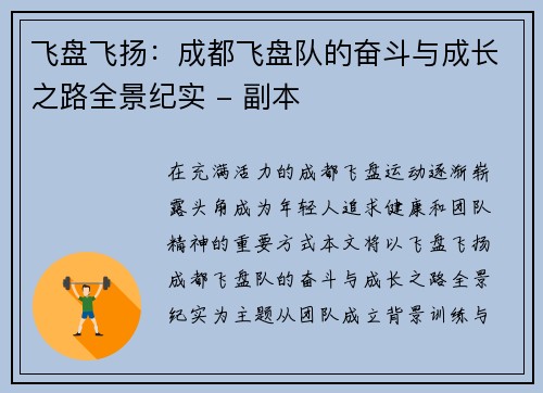 飞盘飞扬：成都飞盘队的奋斗与成长之路全景纪实 - 副本