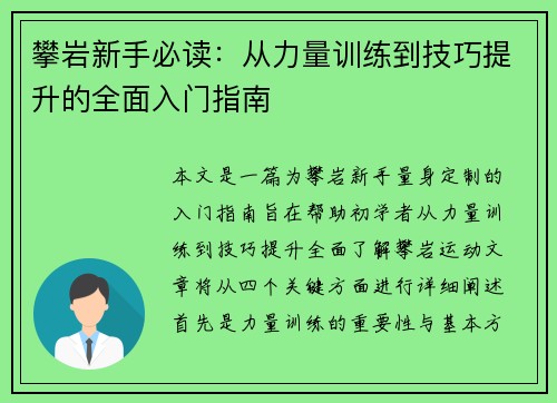 攀岩新手必读：从力量训练到技巧提升的全面入门指南